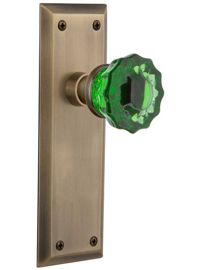 New York Door Set with Colored Fluted Crystal Glass Knobs Emerald in Antique Brass.